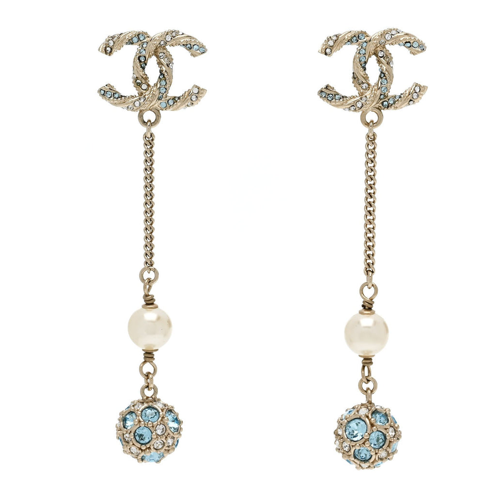 Crystal Pearl CC Ball Chain Drop Earrings Gold Blue