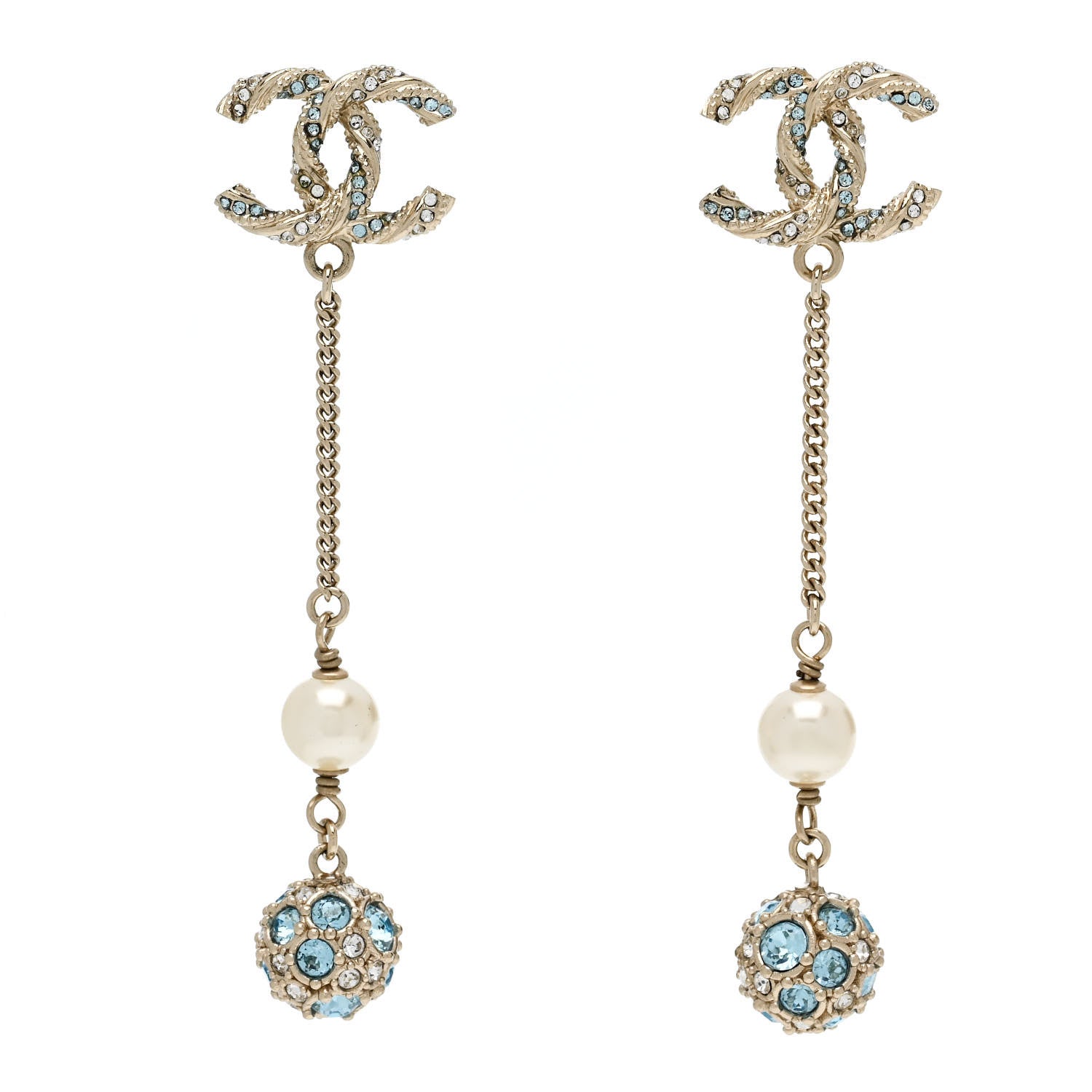 Crystal Pearl CC Ball Chain Drop Earrings Gold Blue