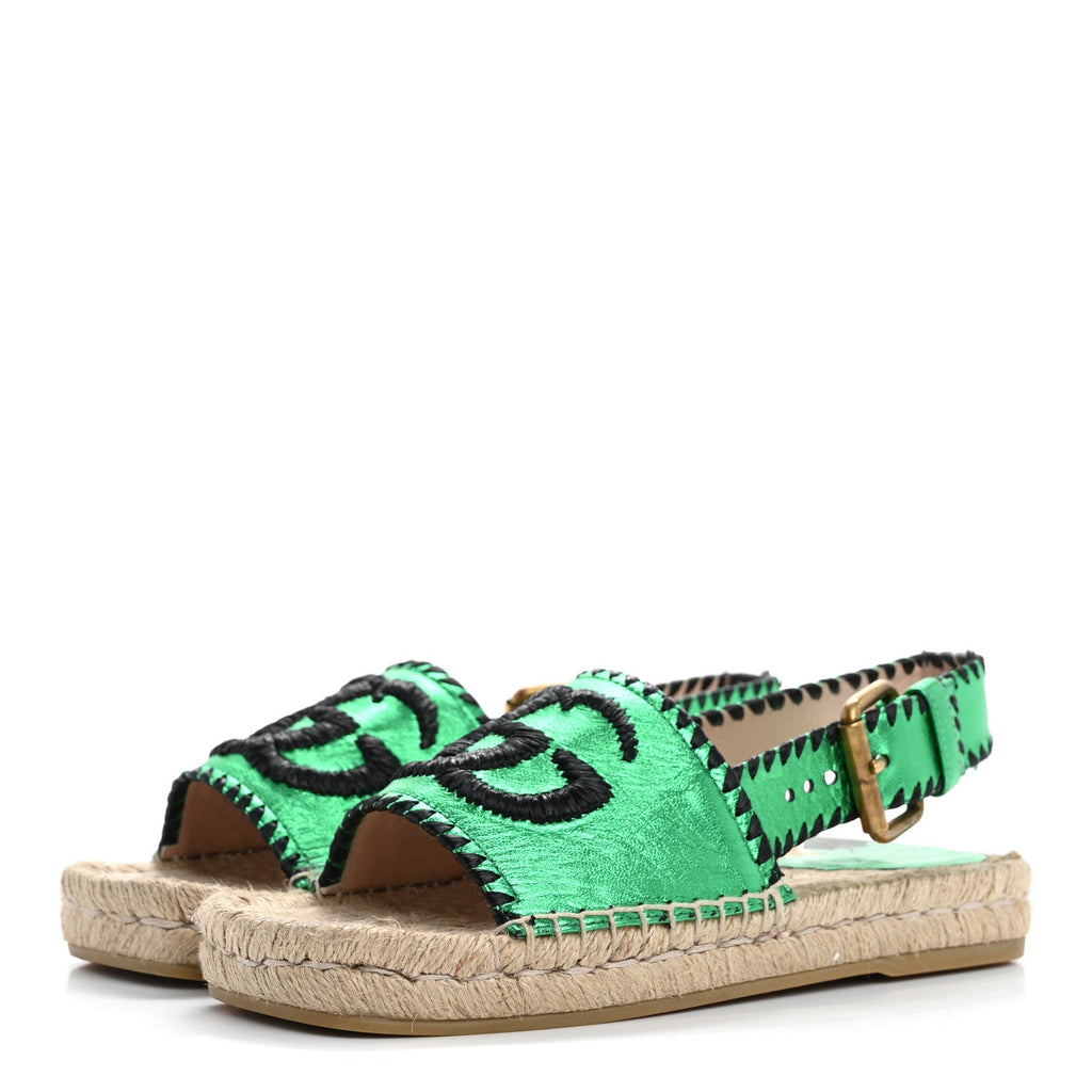 Metallic Nappa Embroidered Double G Espadrille Slingback Sandals 35 Green