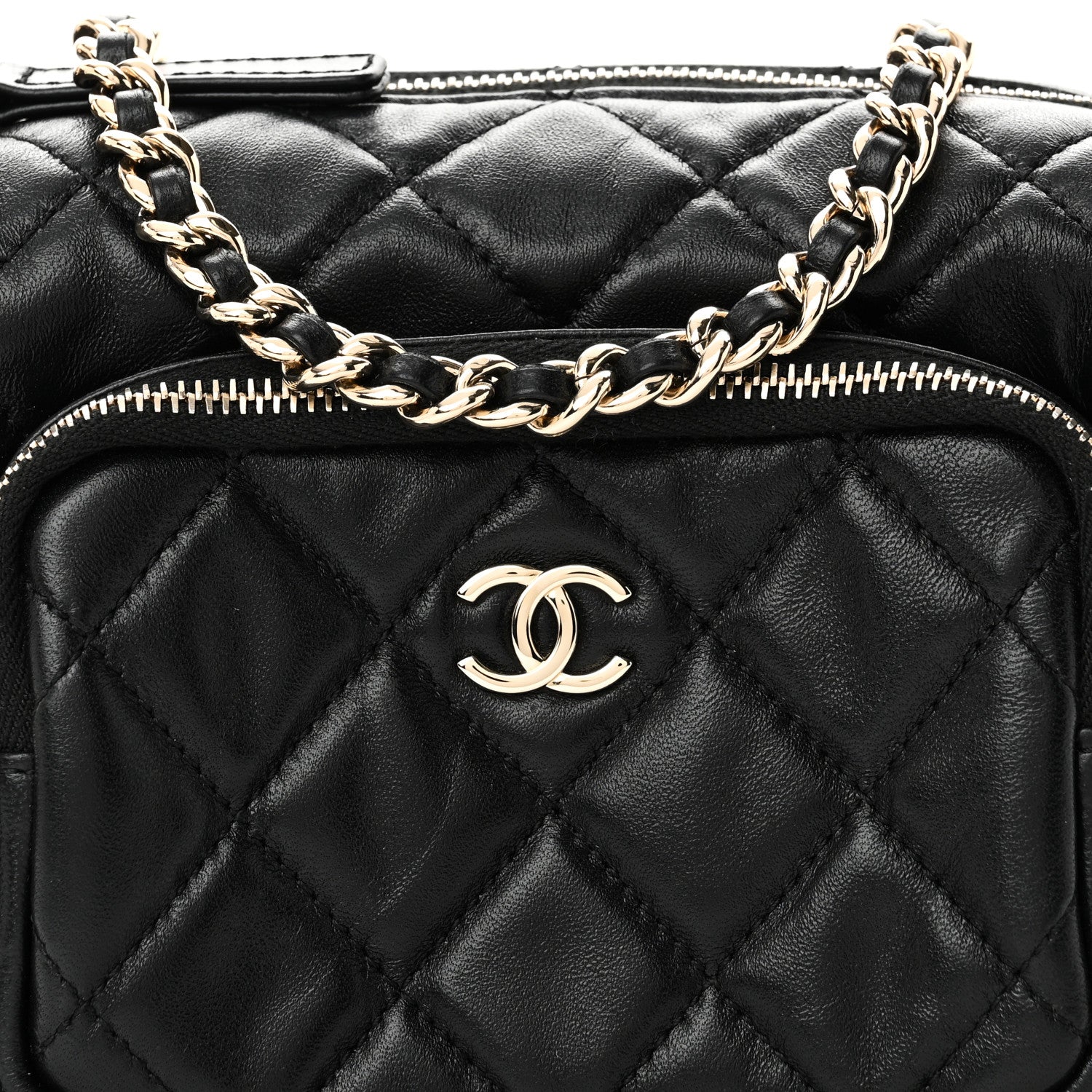 Shiny Crumpled Lambskin Quilted Small Preppy Pocket Camera Case Black