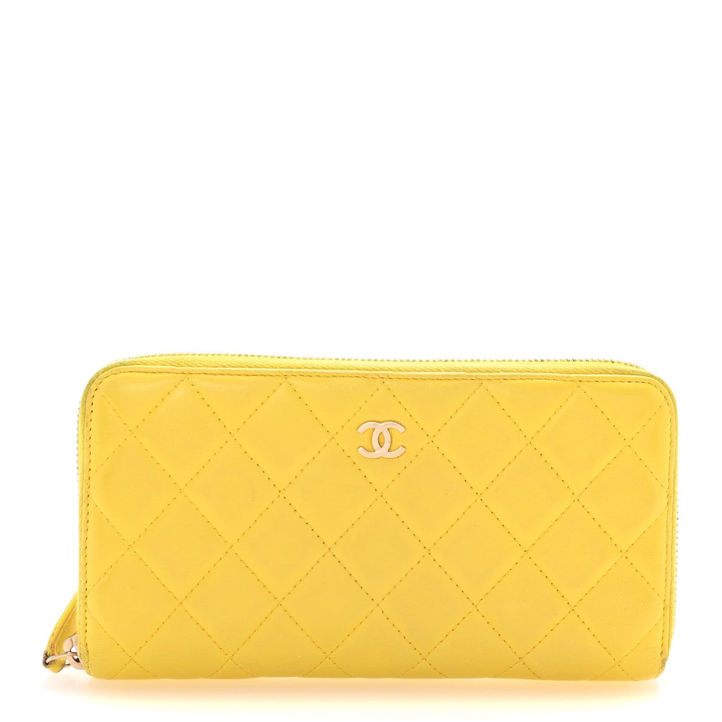 Lambskin Quilted Large Gusset Zip Around Wallet Yellow