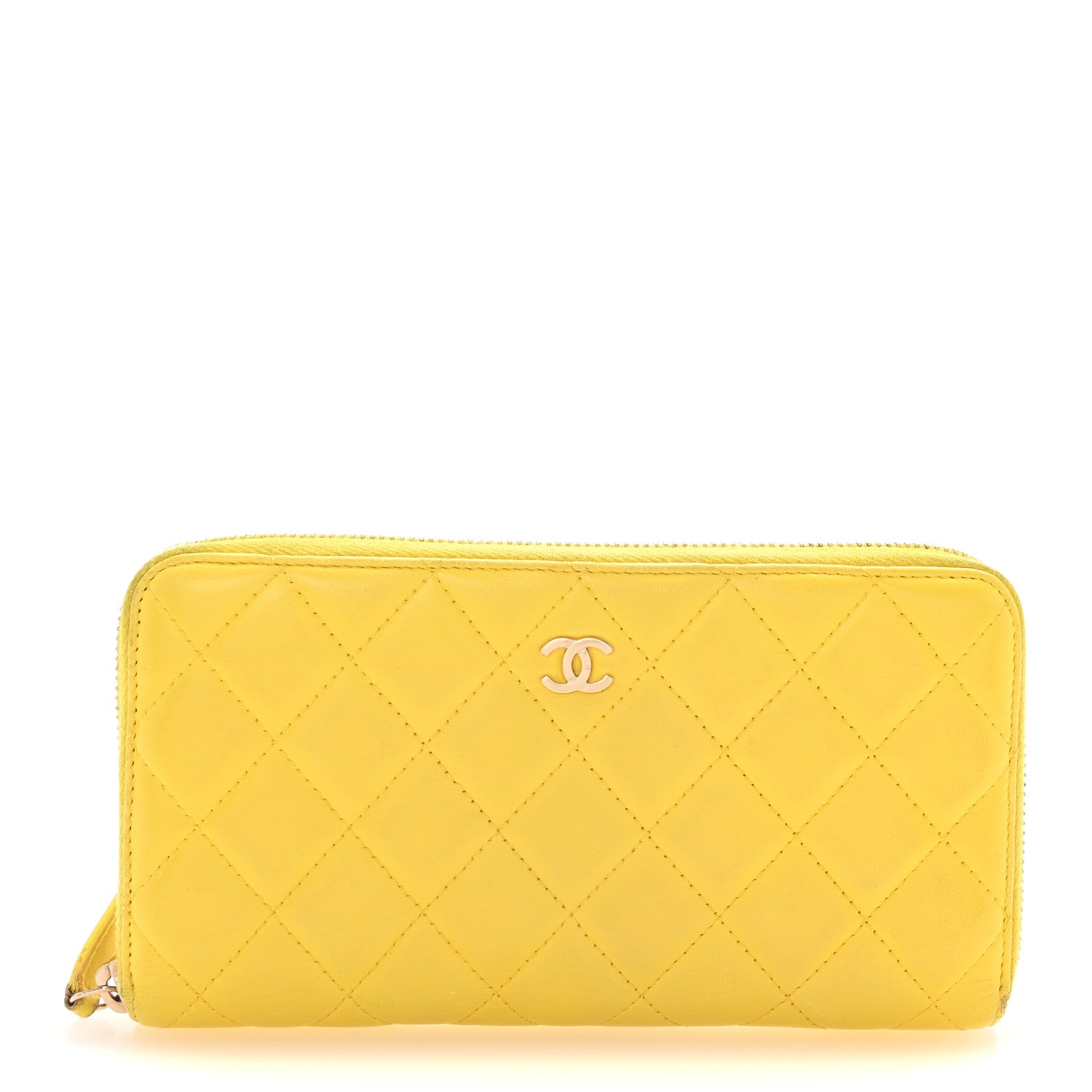 Lambskin Quilted Large Gusset Zip Around Wallet Yellow