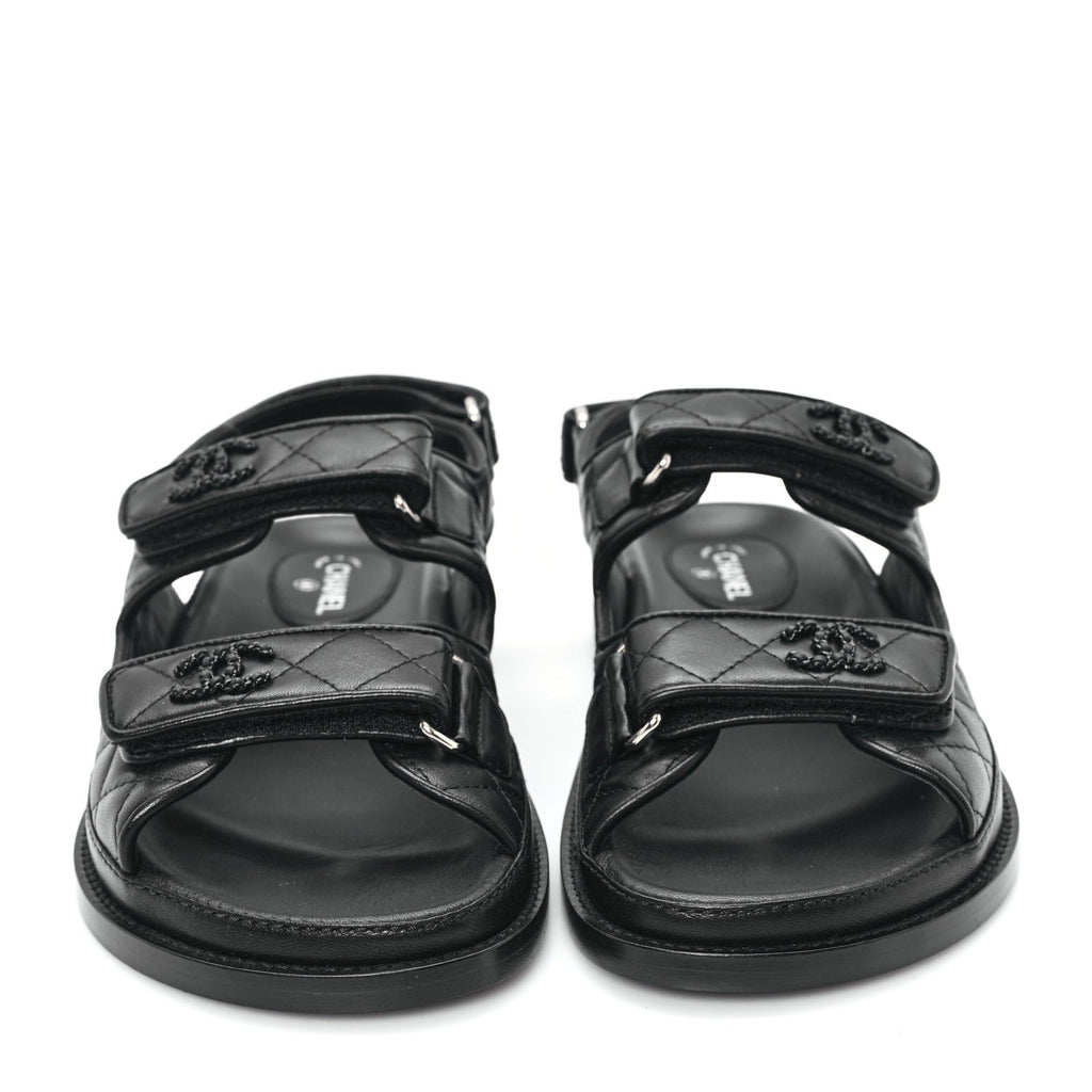 Lambskin Quilted Velcro Dad Sandals 37.5 So Black