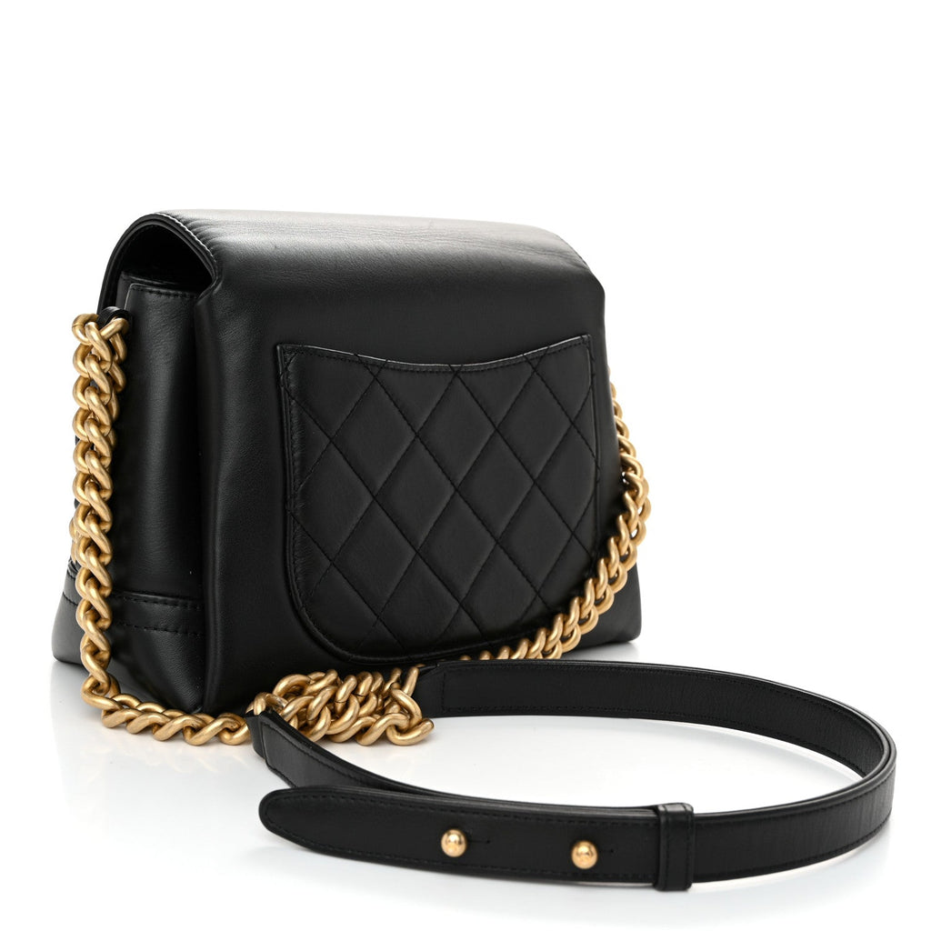 Calfskin Quilted Side Chain Compartment Flap Black