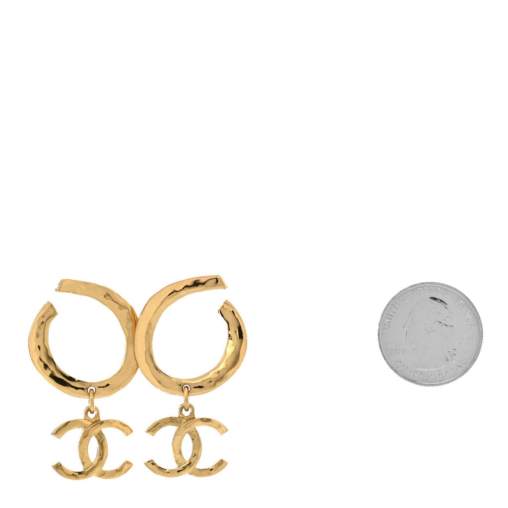 Metal Textured Hoop Drop CC Earrings Gold