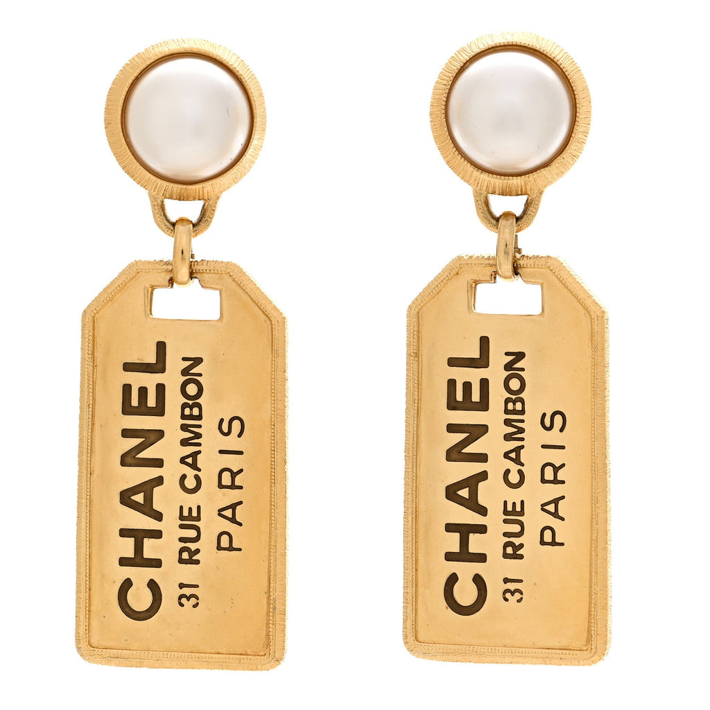 Pearl CC Tags Drop Earrings Gold