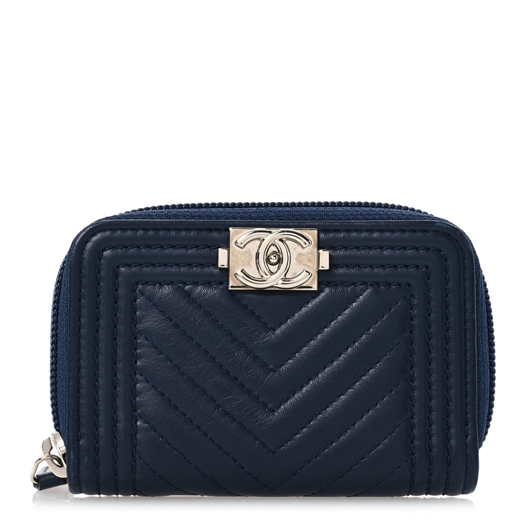 Calfskin Chevron Quilted Zip Around Boy Coin Purse Navy Blue