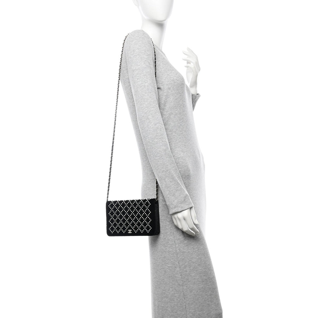 Velvet Pearl Diamond Embellished Wallet On Chain WOC Black