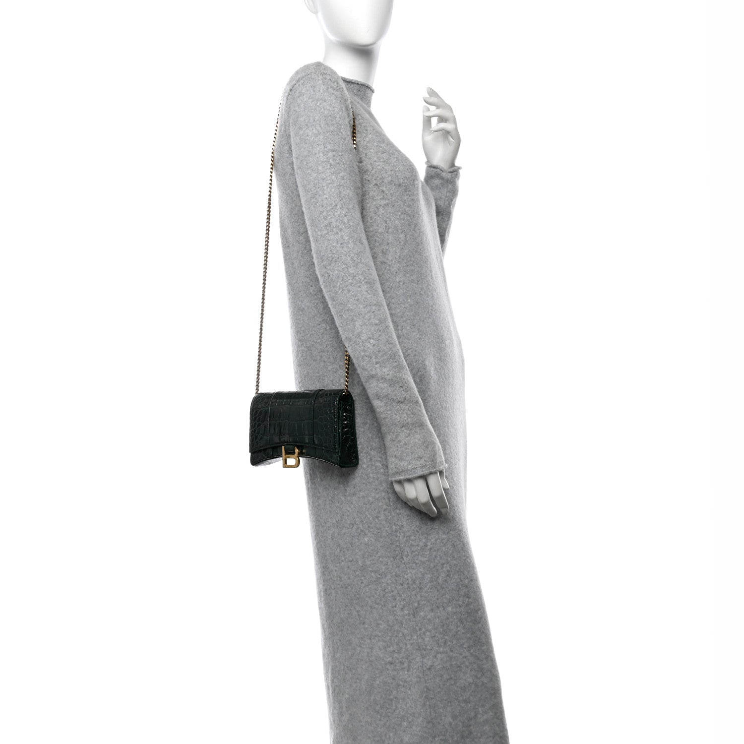 Shiny Calfskin Crocodile Embossed Hourglass Chain Bag Forest Green