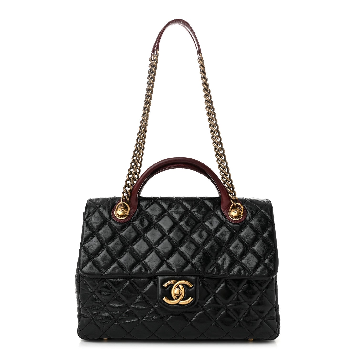 Glazed Calfskin Castle Rock Large Flap Black Burgundy