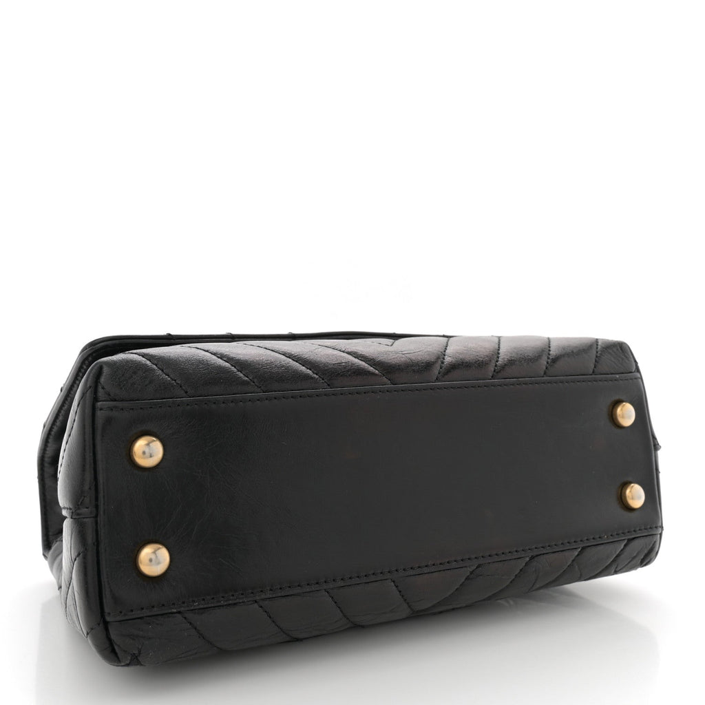 Aged Calfskin Chevron Quilted Mini Coco Handle Flap Black