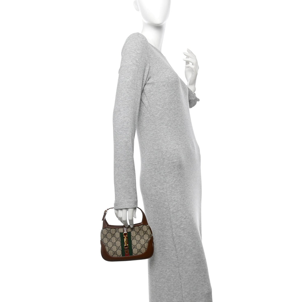GG Supreme Monogram Azalea Calfskin Web Mini Jackie 1961 Hobo Beige Ebony Brown Sugar