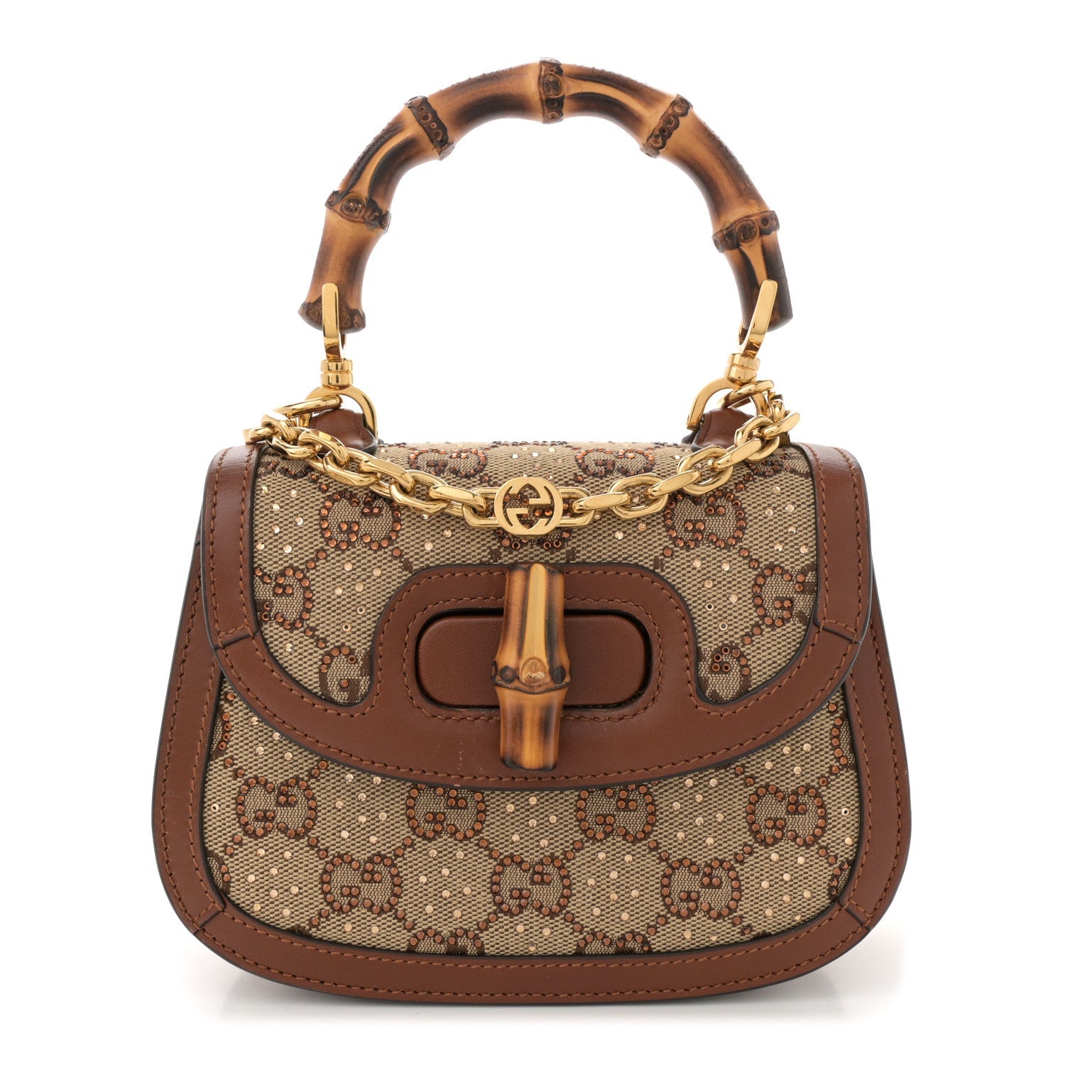 New Canvas Charisma Calfskin Crystal GG Monogram Small Bamboo 1947 Top Handle Bag Camel Ebony