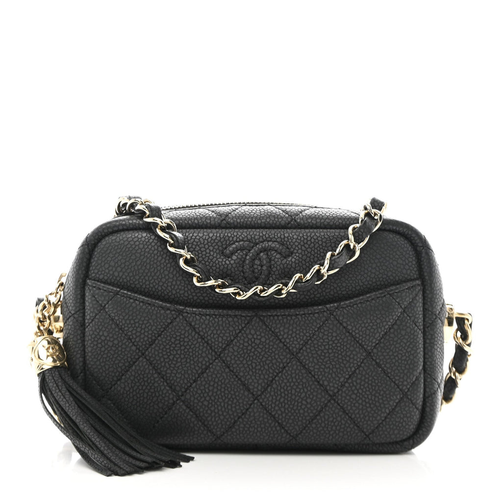 Iridescent Caviar Quilted Mini Coco Tassel Camera Case Black