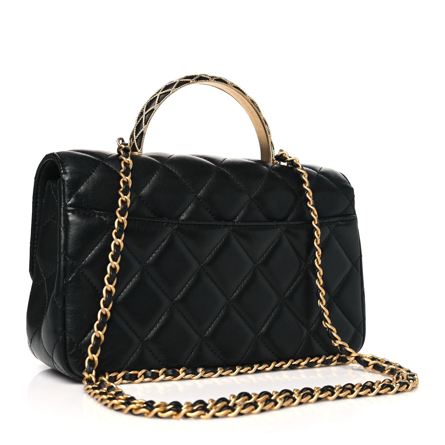 Lambskin Metal Quilted Twist Top Handle Flap With Chain Black