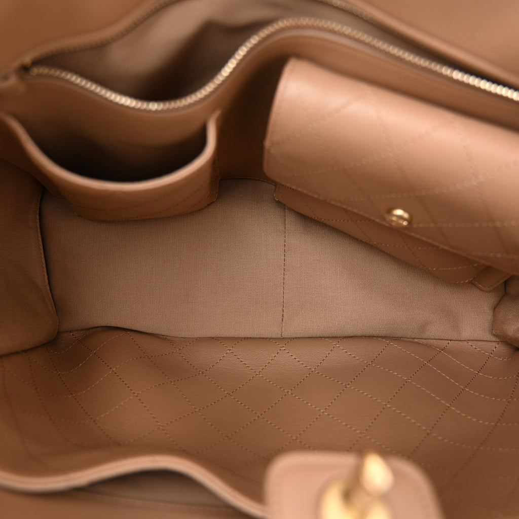 Calfskin Quilted Chain Shopping Tote Beige