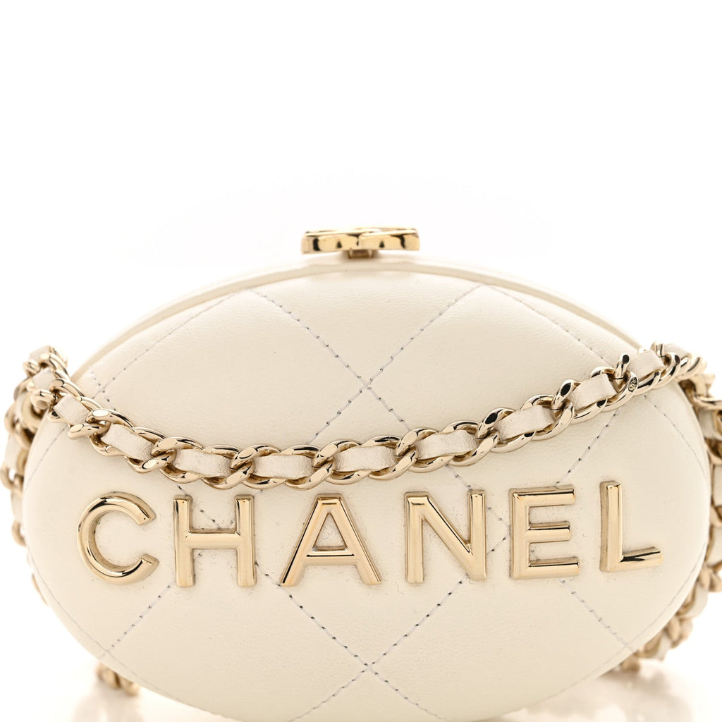 Lambskin Quilted Oval Minaudiere Chain Clutch White