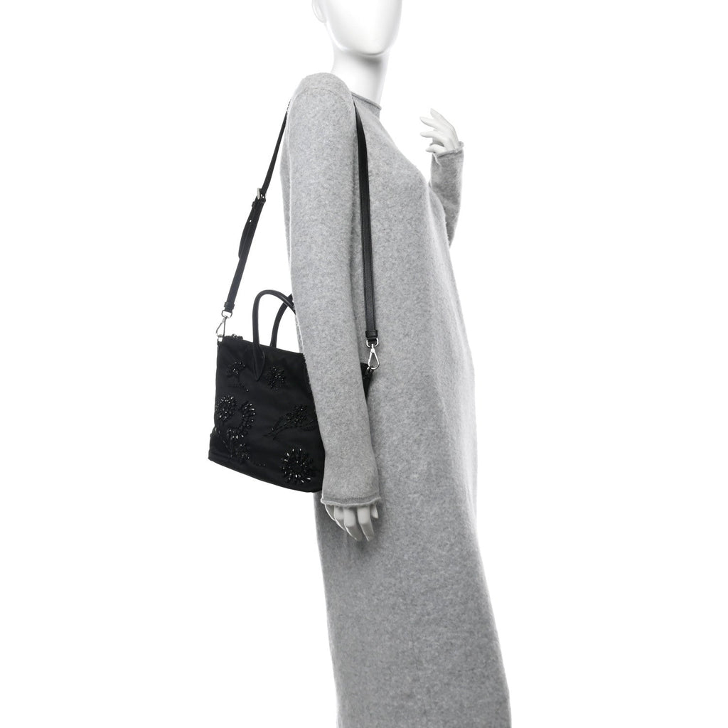 Tessuto Nylon Ricamo Sequin Embroidered Tote Black
