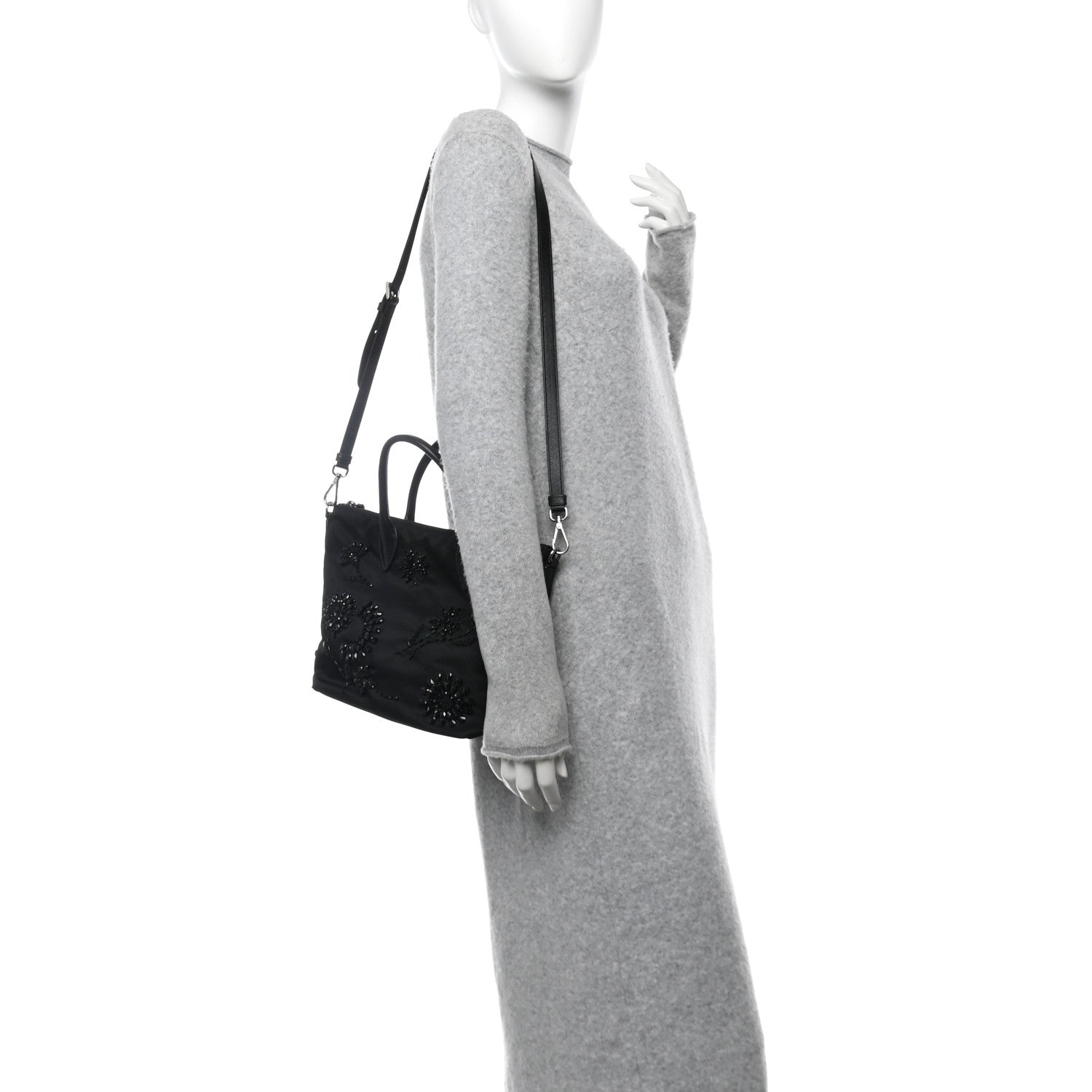 Tessuto Nylon Ricamo Sequin Embroidered Tote Black