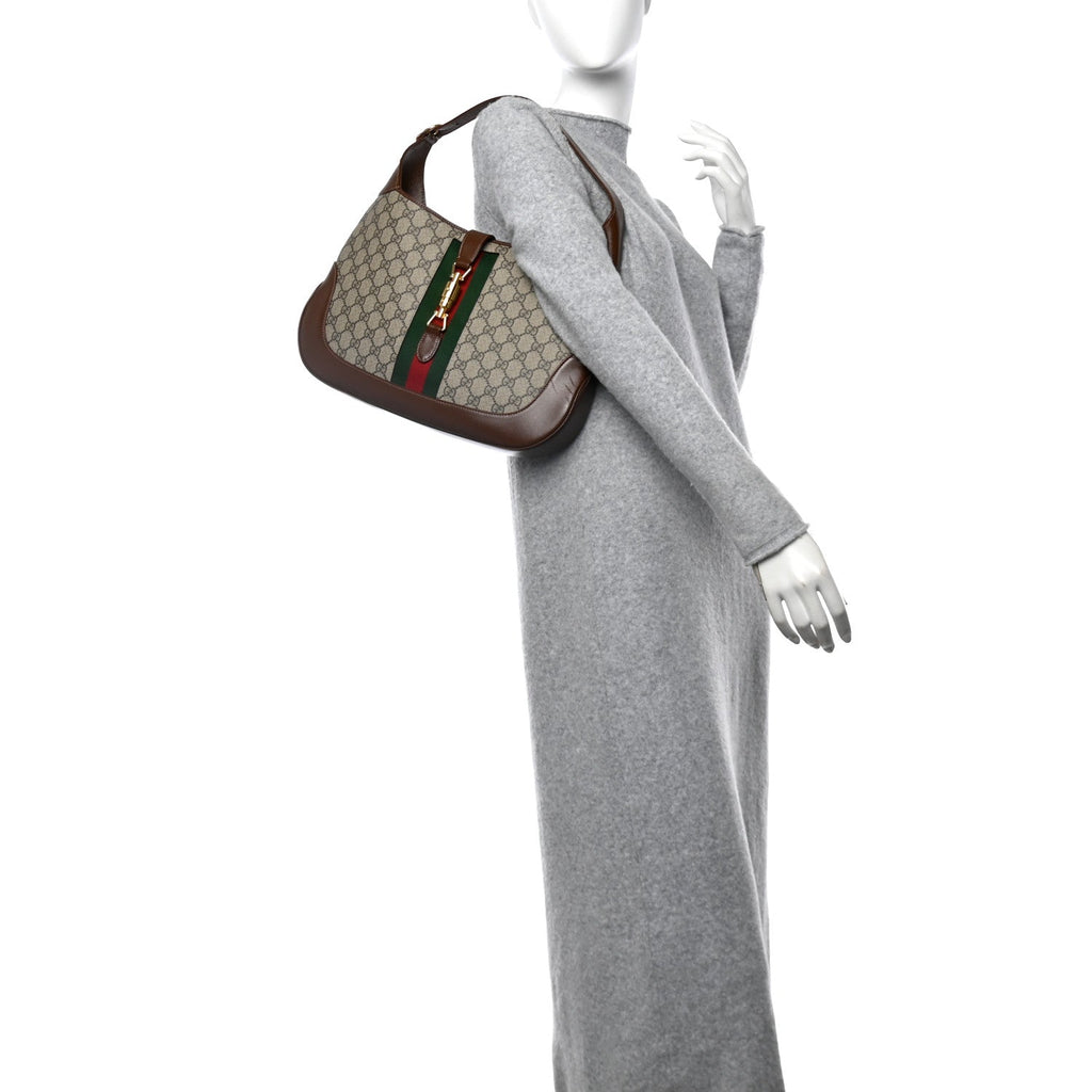 GG Supreme Monogram Azalea Calfskin Web Medium Jackie 1961 Hobo Beige Ebony Brown Sugar