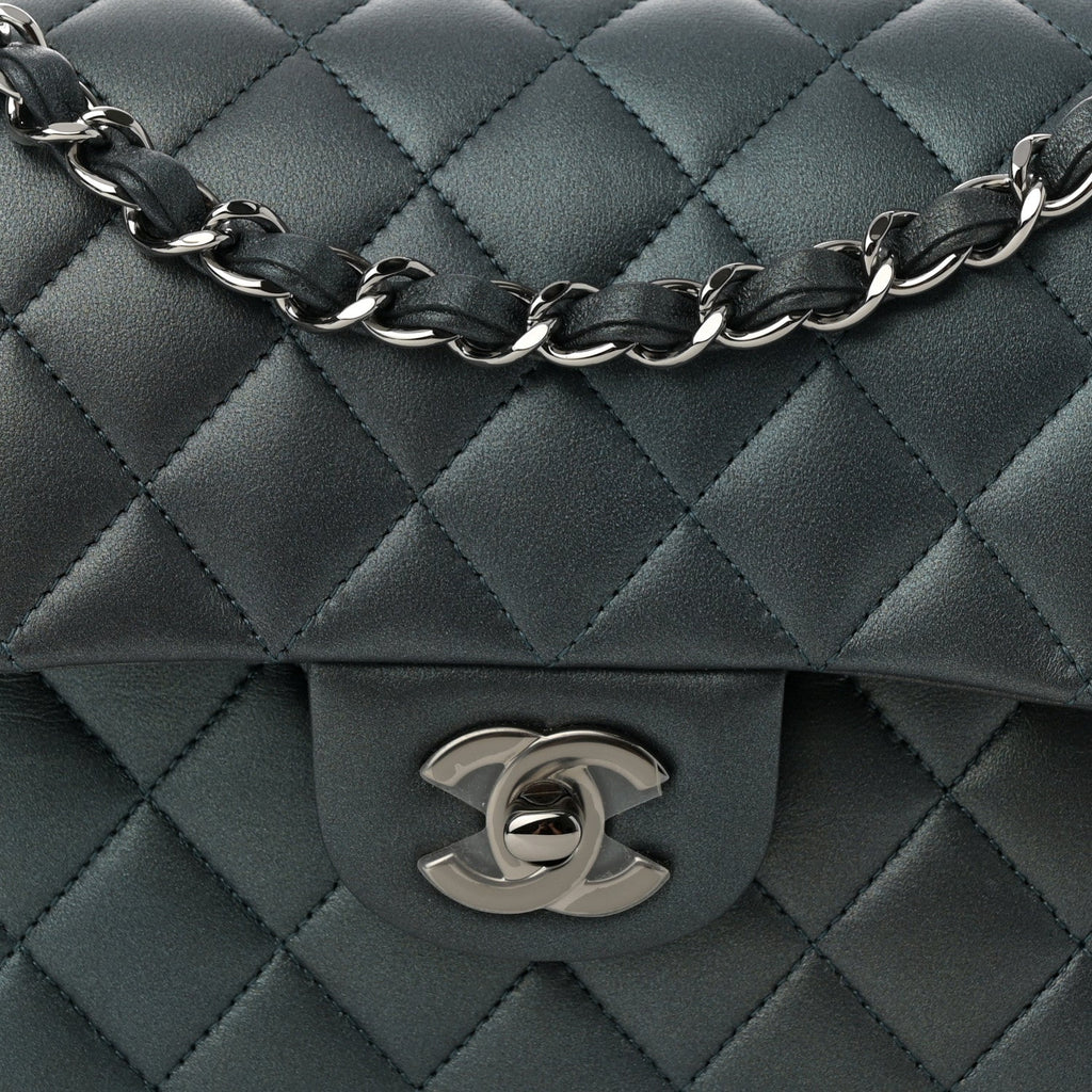 Iridescent Lambskin Quilted Small Double Flap Green