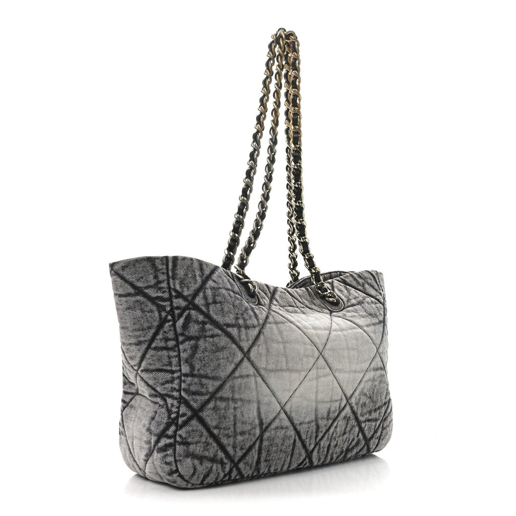 Washed Denim Quilted Chanel 19 East West Shopping Bag Black White