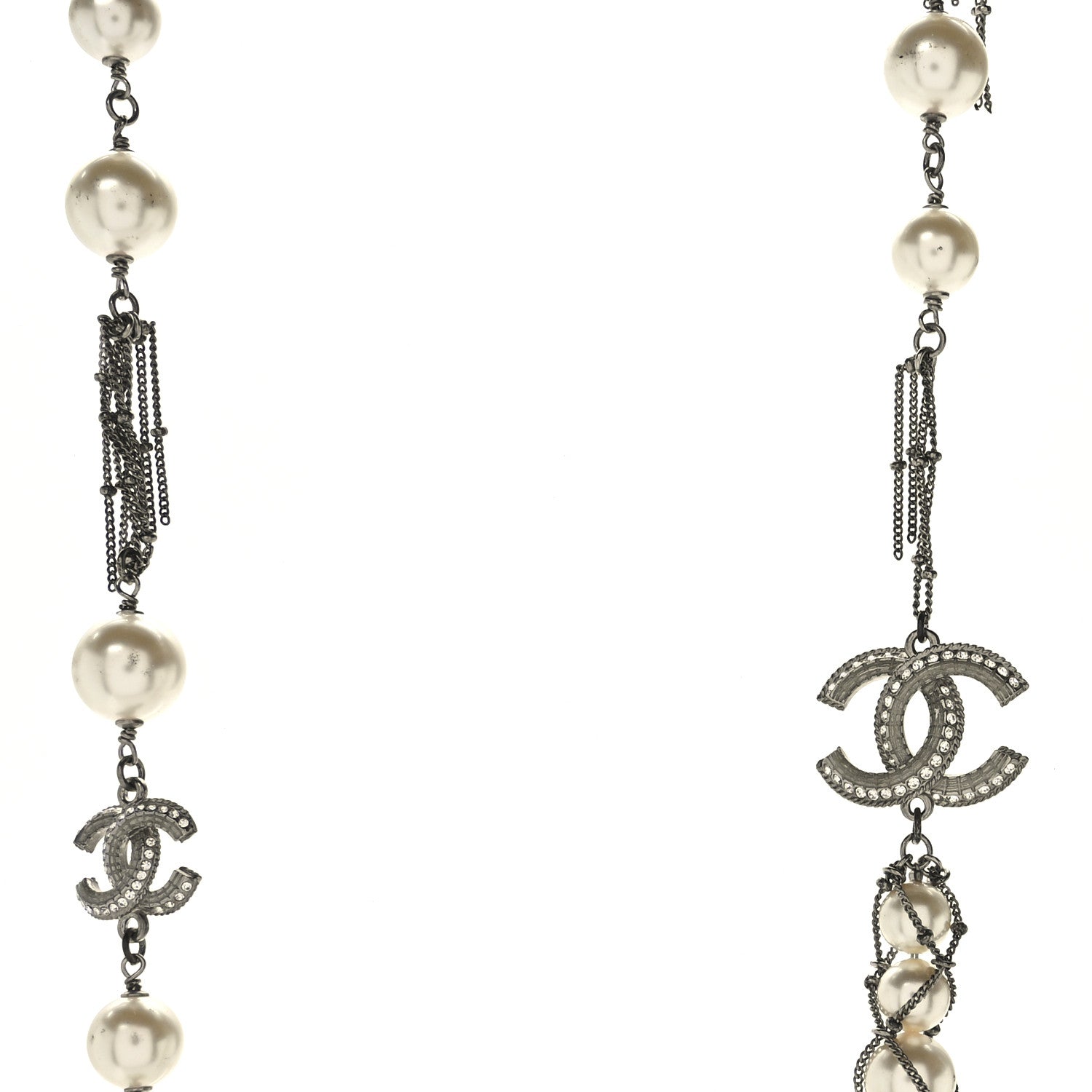 Crystal Pearl Multi Strand Chain CC Long Necklace Silver