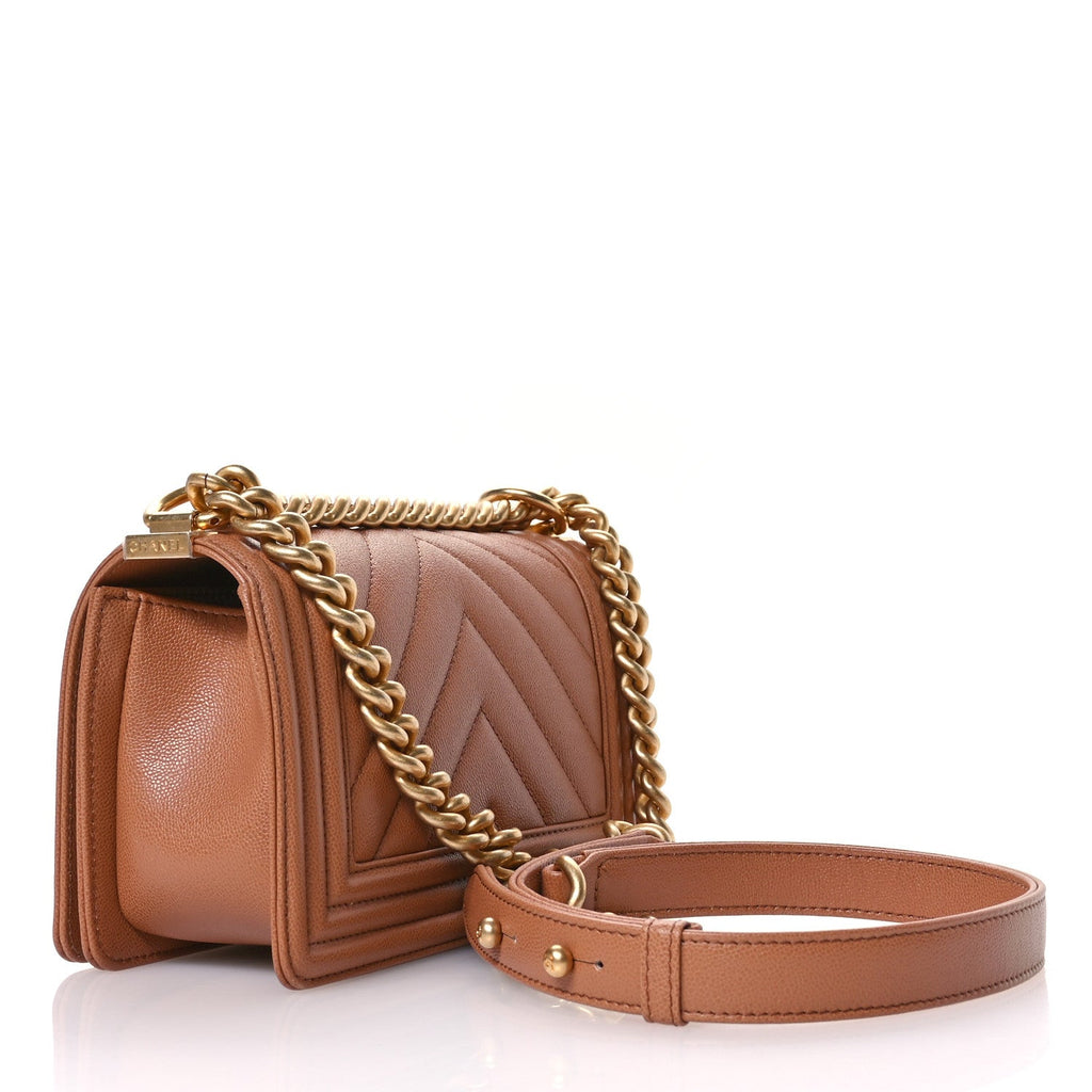 Caviar Chevron Quilted Small Boy Flap Brown