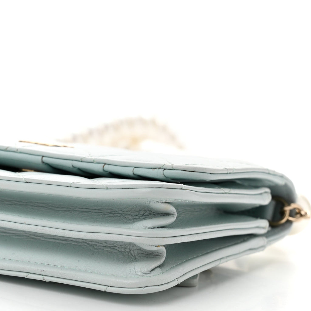 Calfskin Quilted Mini Maxi Pearls Wallet On Chain WOC Light Blue