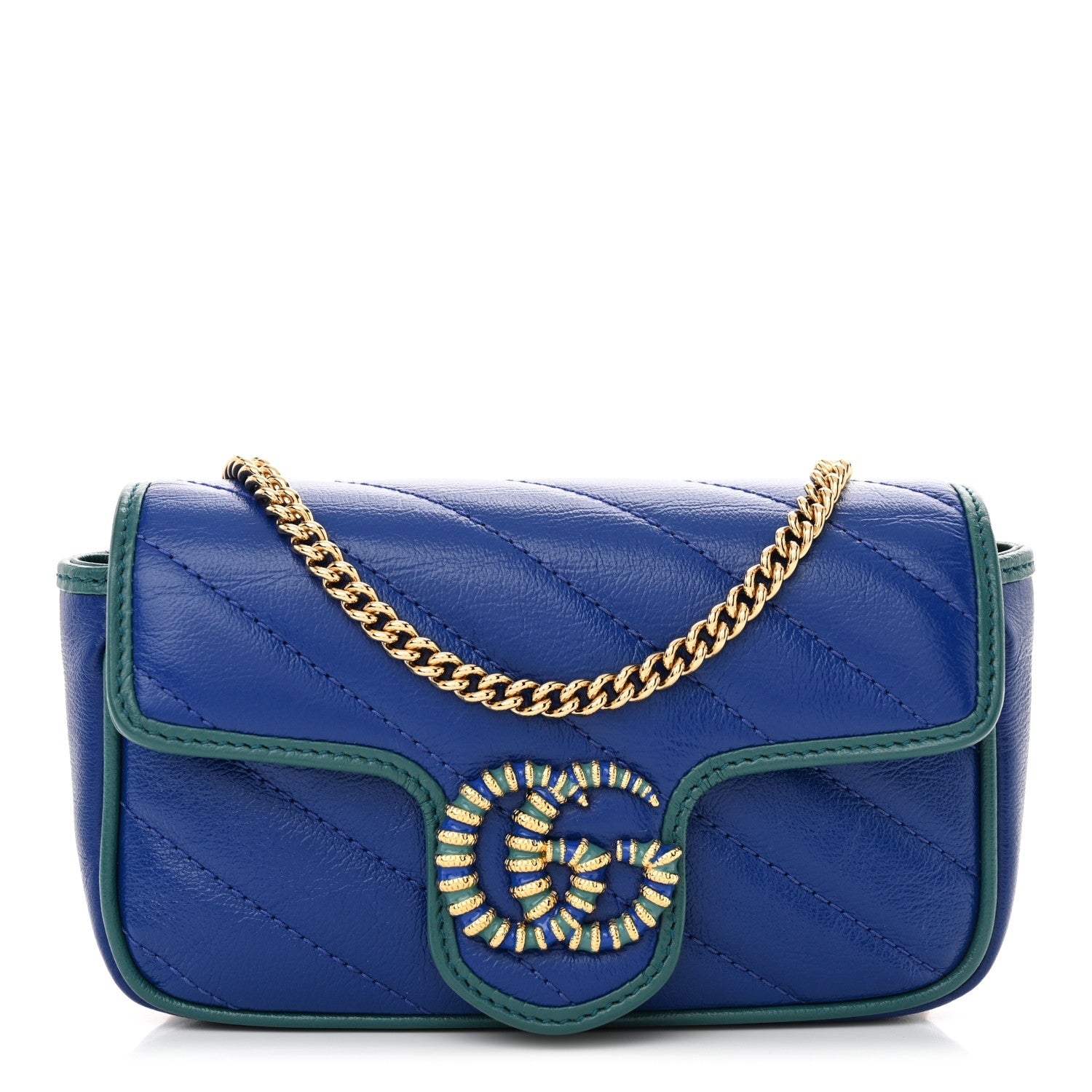 Azalea Calfskin Enamel Matelasse Diagonal Super Mini Torchon GG Marmont Shoulder Bag Imperial Blue Pavone