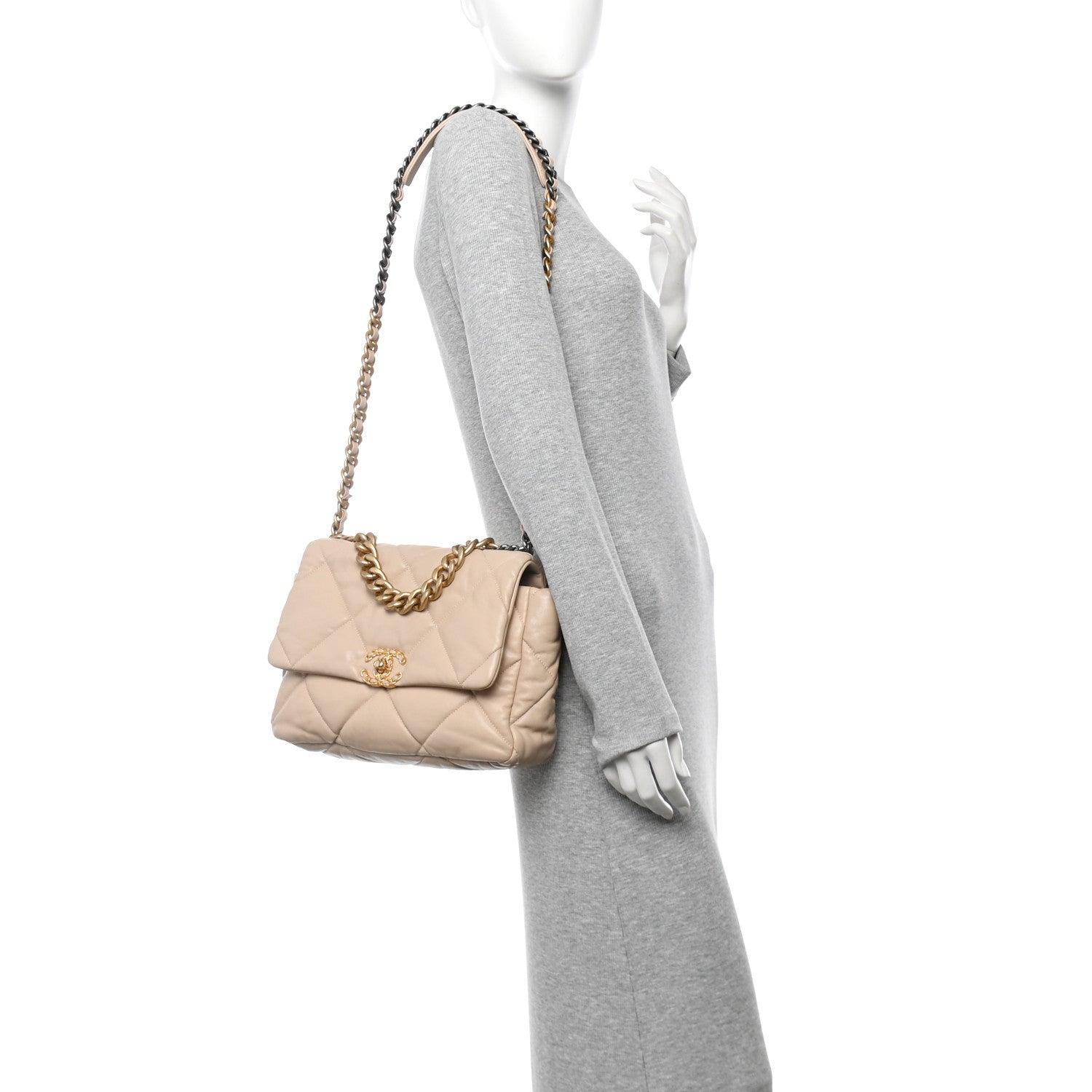 Lambskin Quilted Large Chanel 19 Flap Dark Beige