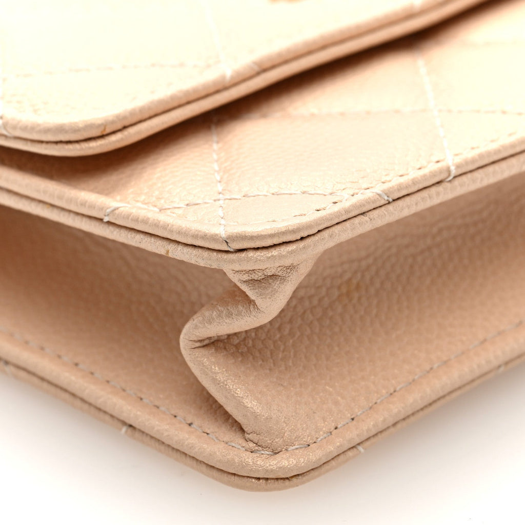 Iridescent Caviar Quilted Pearl  Holder On Chain Beige