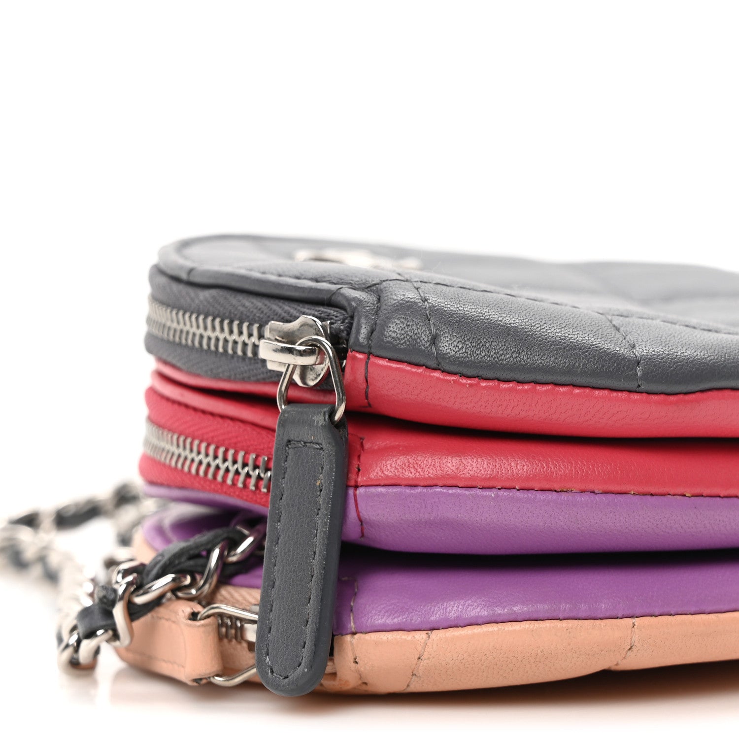 Lambskin Quilted Round Clutch With Chain Grey Multicolor