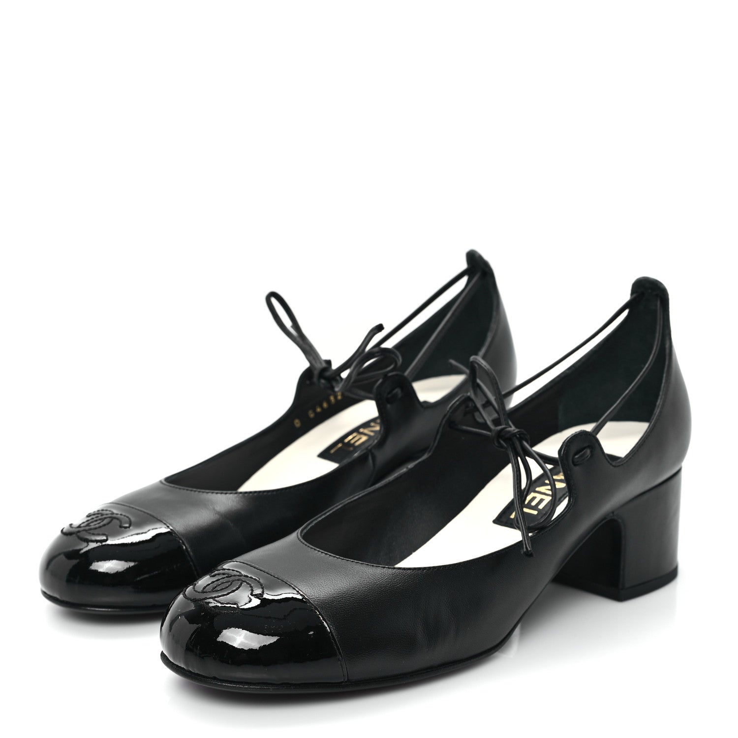 Lambskin Patent Cap Toe CC Mary Jane Pumps 38 Black
