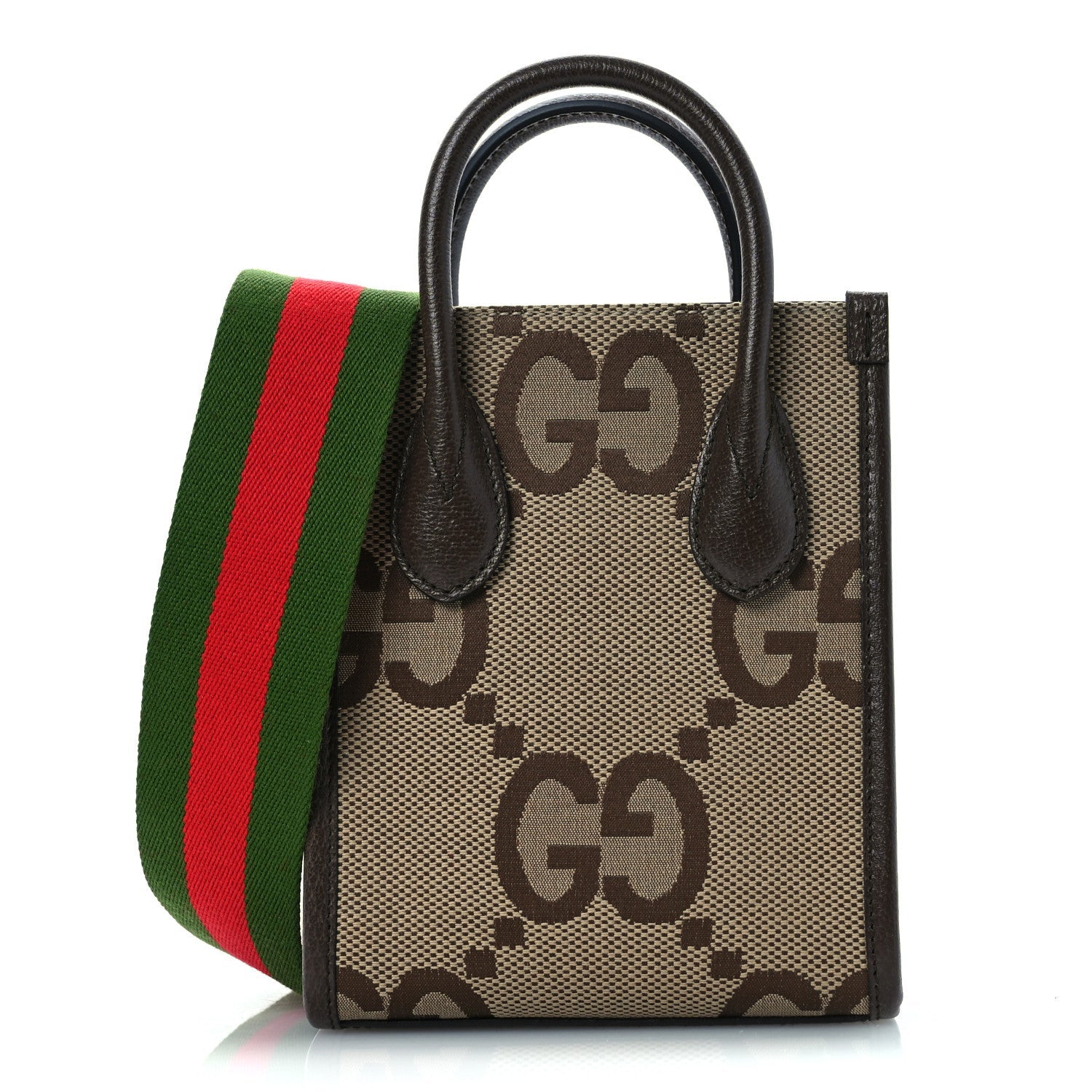 Monogram Jumbo GG Textured Dollar Calfskin Web Mini Vertical Tote Camel Ebony New Acero