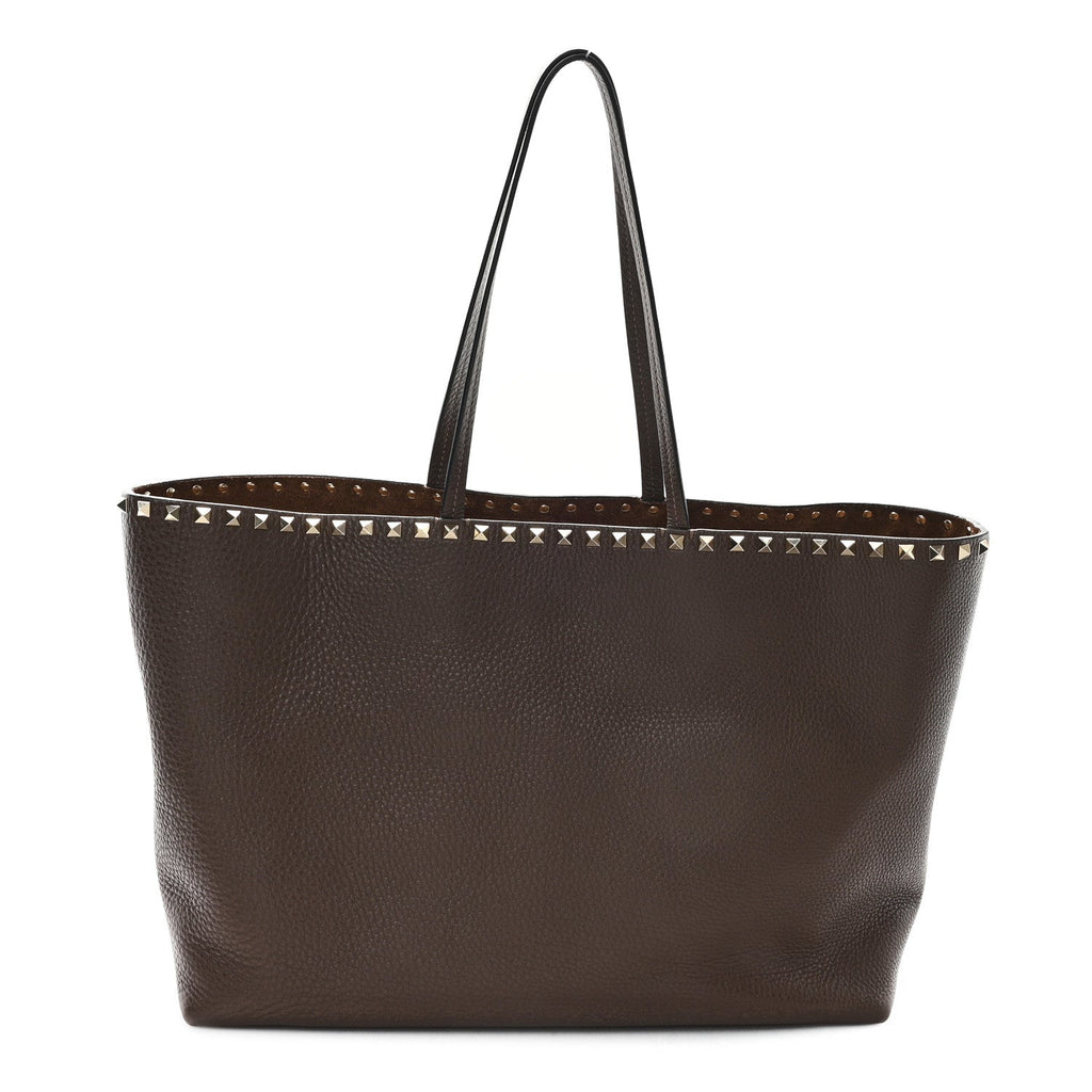 Grained Calfskin Rockstud Shoulder Tote Bright Cognac