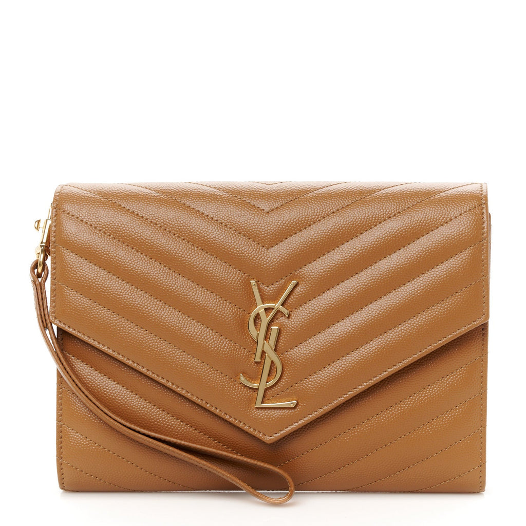 Grain De Poudre Matelasse Chevron Monogram Cassandre Flap Pouch Natural Dark