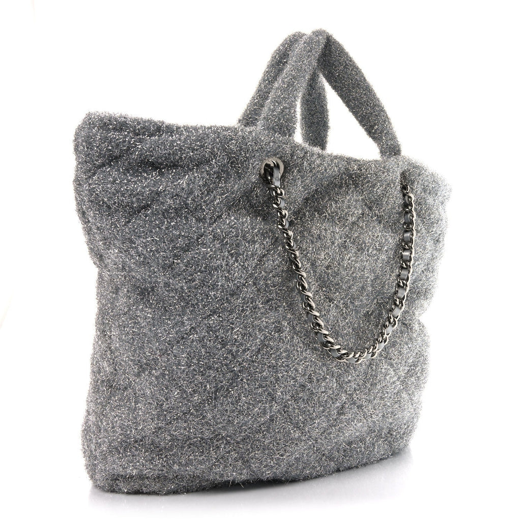 Knit Metallic Lambskin Large Shopping Tote Silver