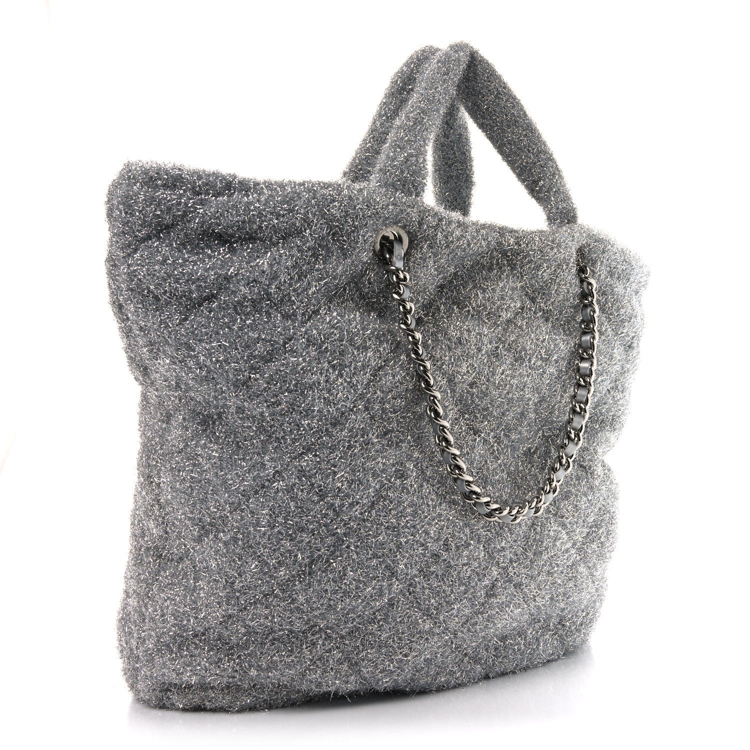 Knit Metallic Lambskin Large Shopping Tote Silver