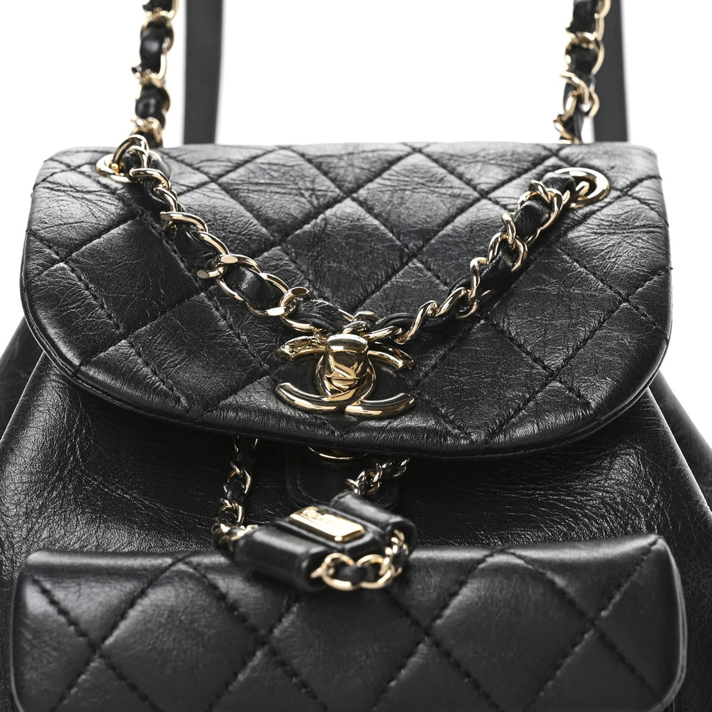 Glazed Aged Calfskin Quilted Small Duma Drawstring Backpack Black