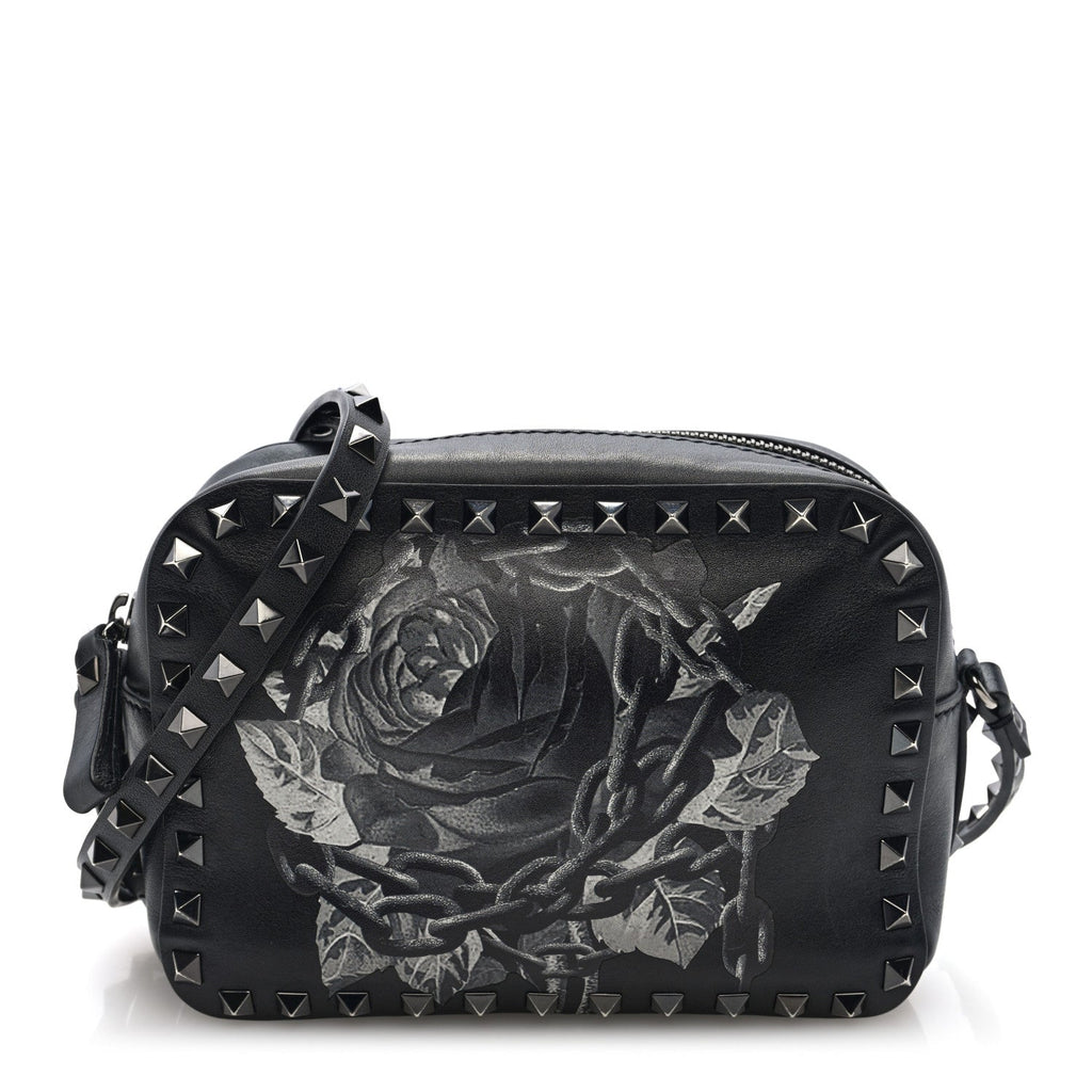 X UNDERCOVER Calfskin Rockstud Rose Print Camera Crossbody Bag Black