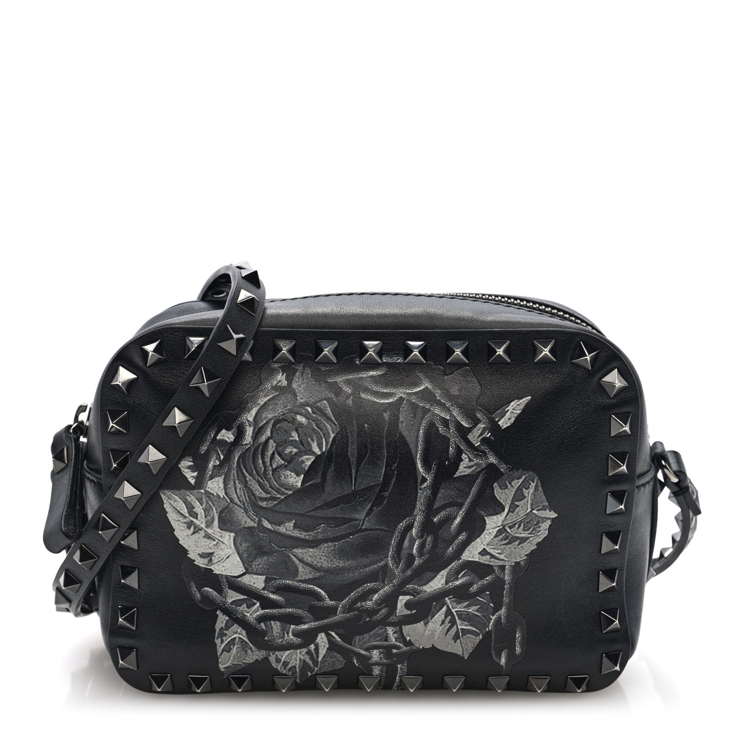 X UNDERCOVER Calfskin Rockstud Rose Print Camera Crossbody Bag Black