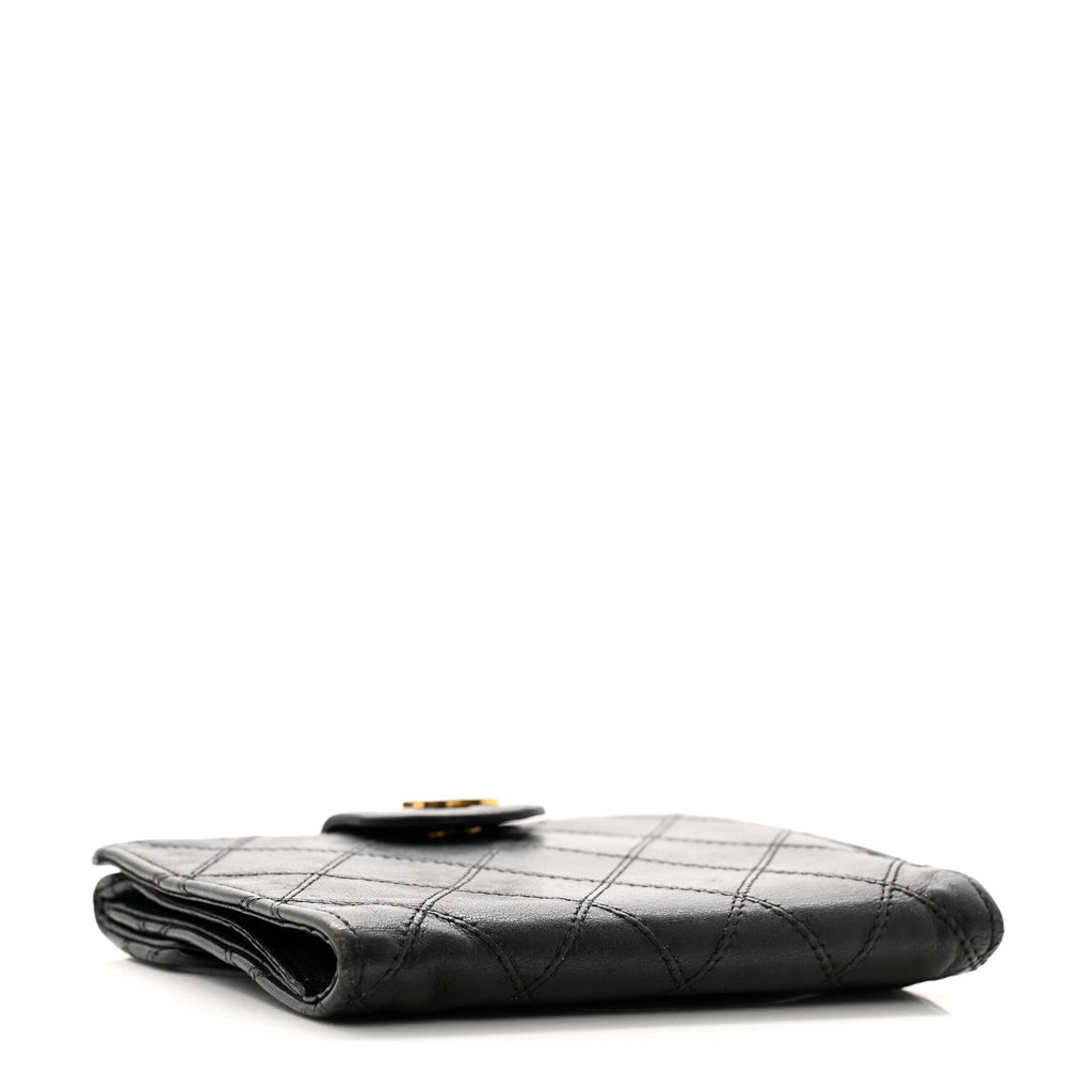 Lambskin Diamond Stitched Compact French Wallet Black