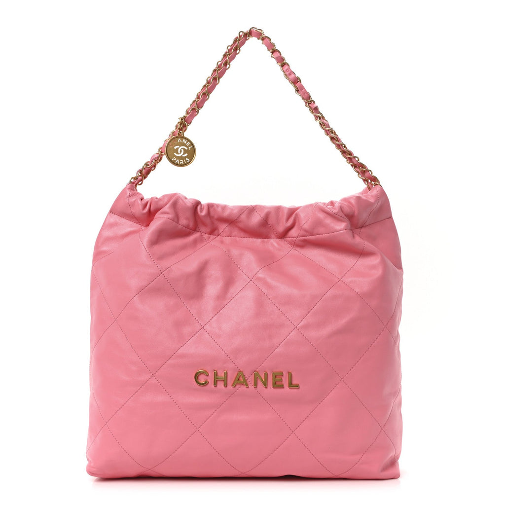Shiny Calfskin Quilted Chanel 22 Drawstring Bag Coral Pink