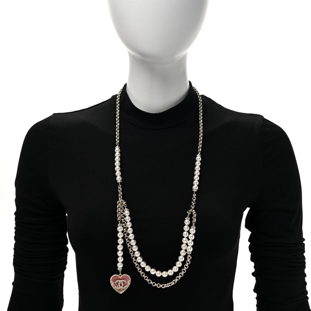 Pearl Crystal CC Heart Multi Strand Necklace Gold