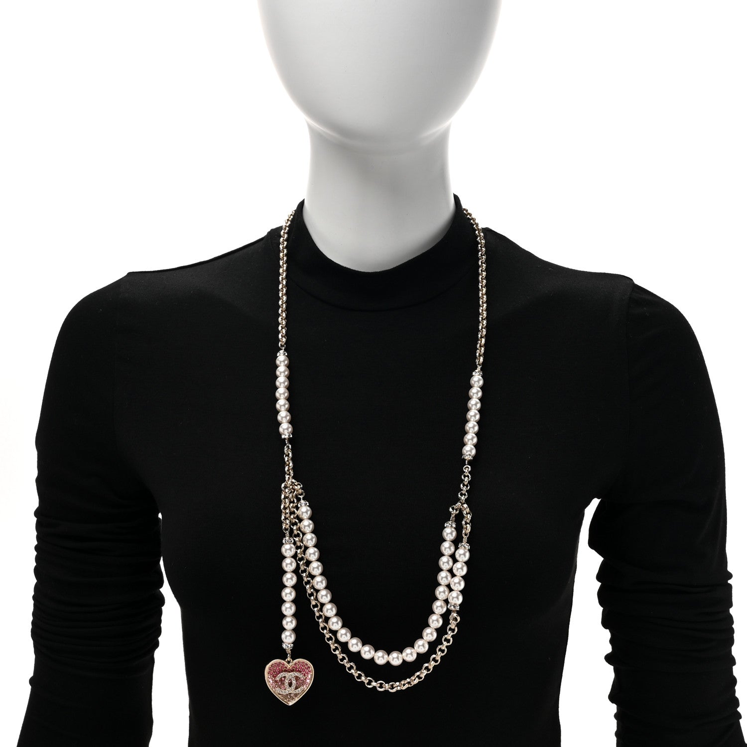 Pearl Crystal CC Heart Multi Strand Necklace Gold