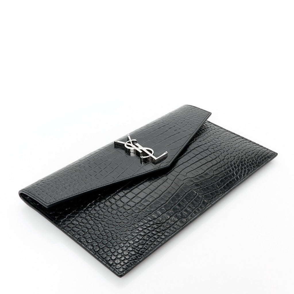 Calfskin Crocodile Embossed Uptown Monogram Pouch Black