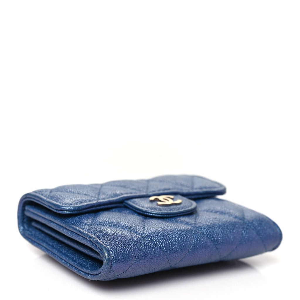 Iridescent Caviar Flap Quilted  Holder Wallet Dark Blue