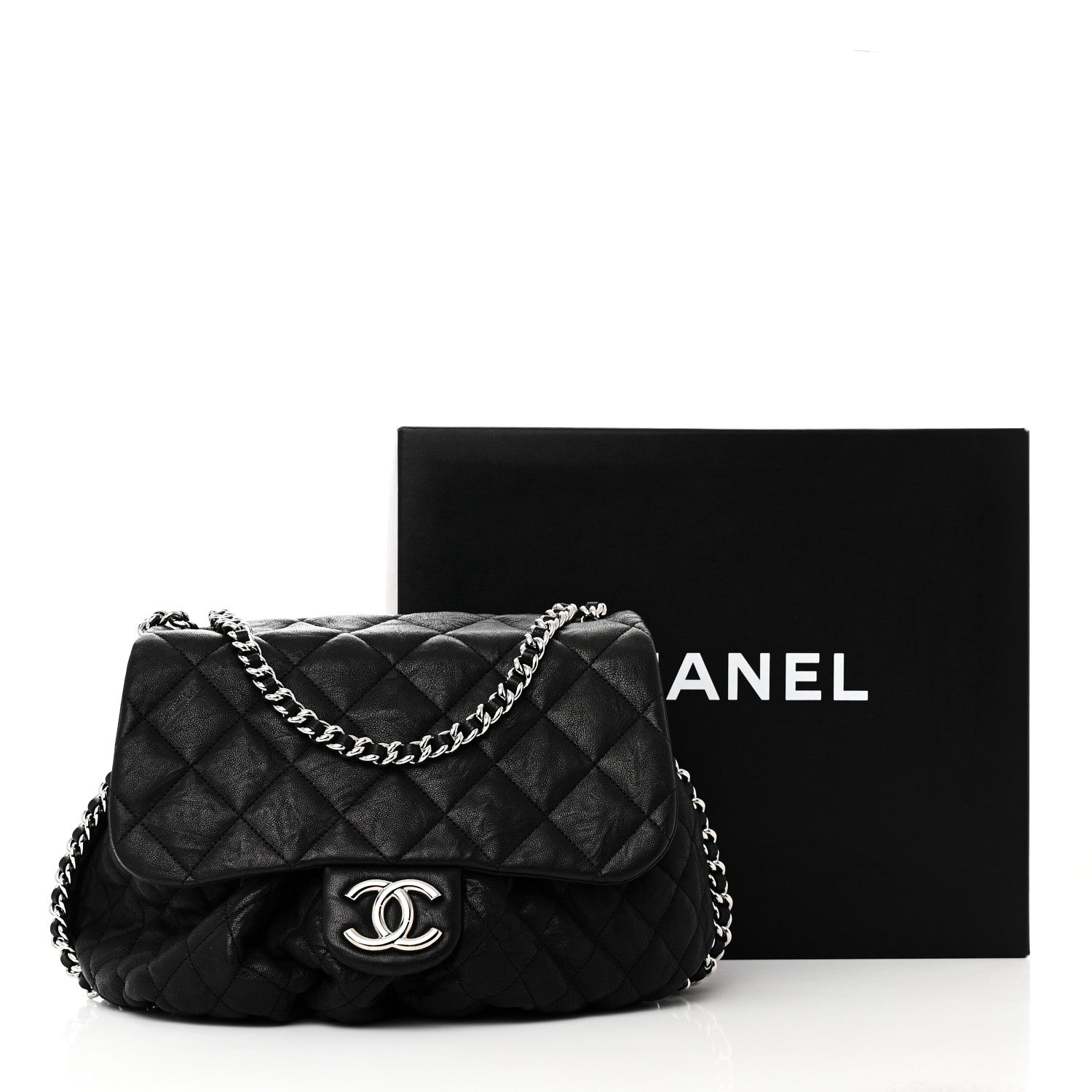 Washed Lambskin Quilted Large Chain Around Messenger Black
