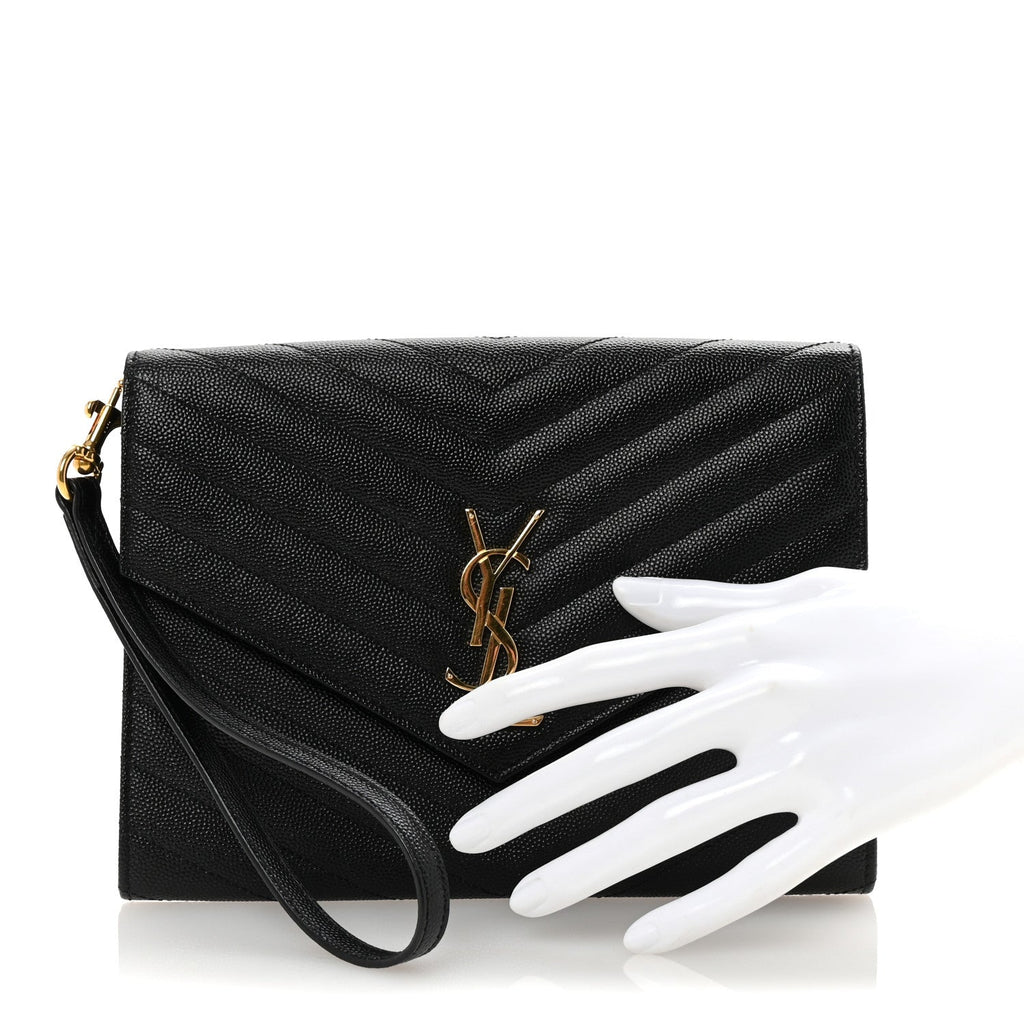 Grain De Poudre Matelasse Chevron Monogram Envelope Clutch Black
